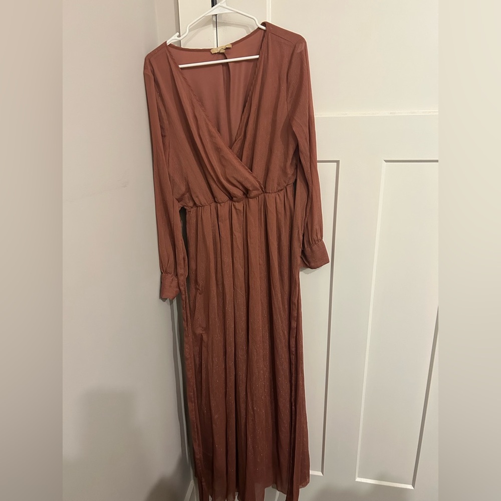 Pinkblush Brown Long Sleeve Gown with Plunge Neckline